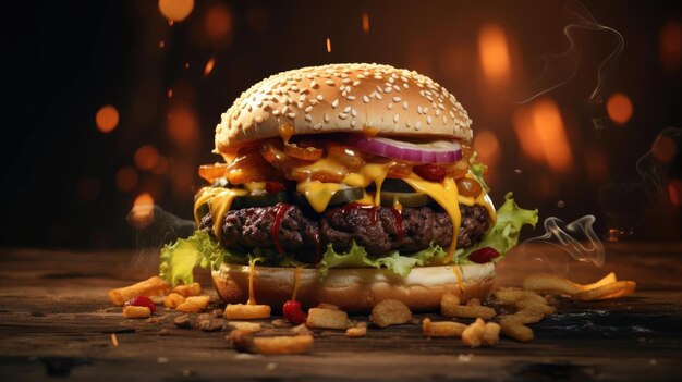 hamburger full of meat and vegetables and melted mayonnaise on a wooden table and blurred background