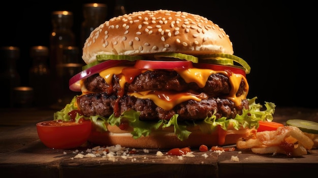 hamburger full of meat and vegetables and melted mayonnaise on a wooden table and blurred background