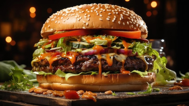 hamburger full of meat and vegetables and melted mayonnaise on a wooden table and blurred background