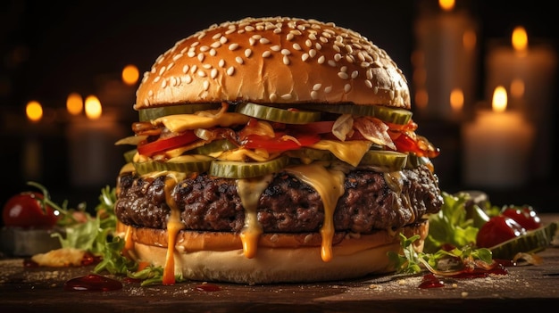 hamburger full of meat and vegetables and melted mayonnaise on a wooden table and blurred background