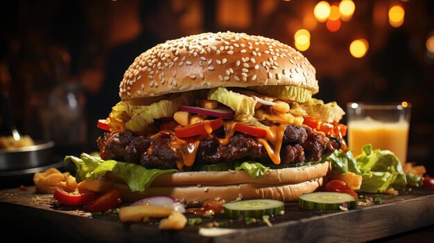 Foto hamburger pieno di carne e verdure e maionese fusa su un tavolo di legno e sfocato sullo sfondo