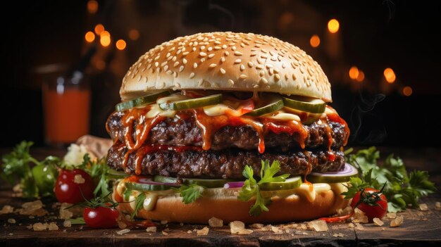 Hamburger pieno di carne e verdure e maionese fusa su un tavolo di legno e sfocato sullo sfondo