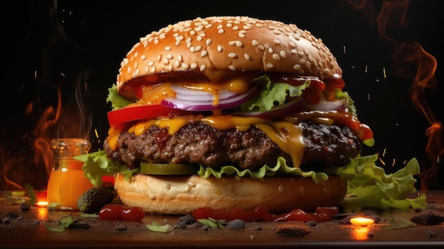 hamburger full of meat and vegetables and melted mayonnaise on a wooden table and blurred background