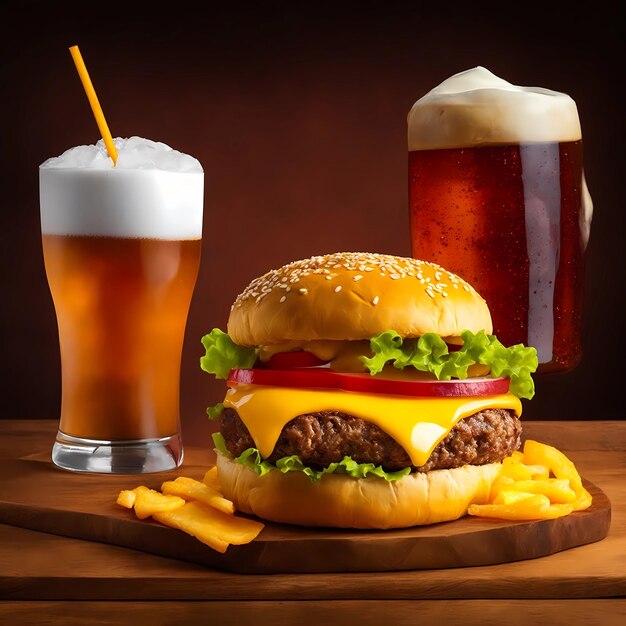 ハンバーガーとビールがテーブルの上にあります。