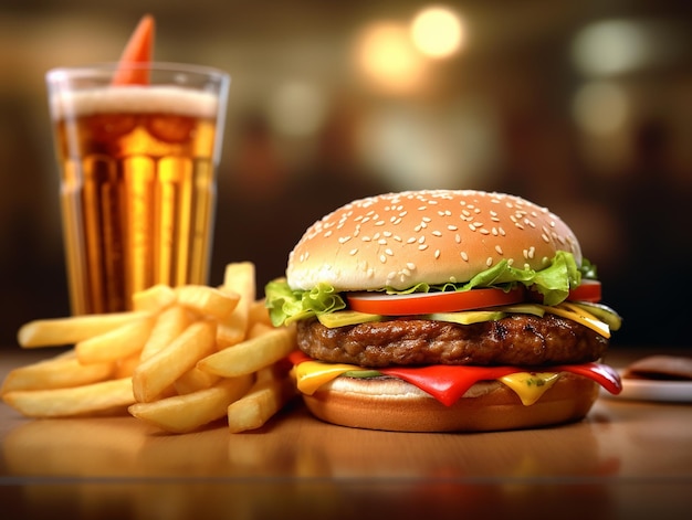 a hamburger and a glass of beer on a table.