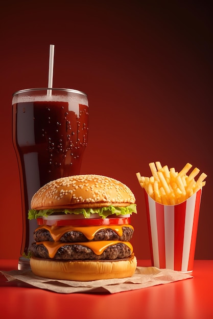 A hamburger and a glass of cola are next to it.