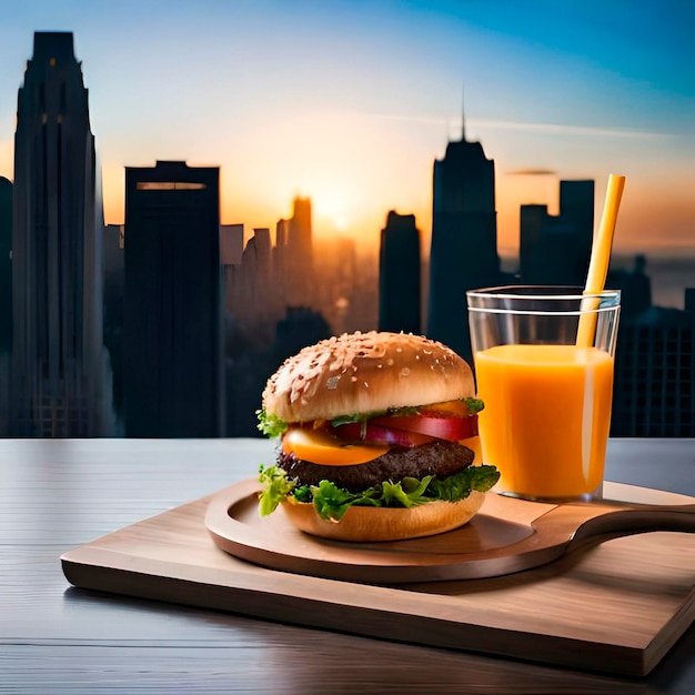 hamburger next to glass of orange juice on a table with a landscape background