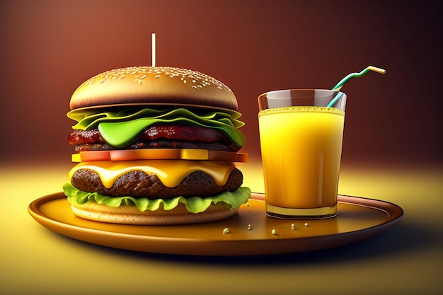 A hamburger and a glass of orange juice