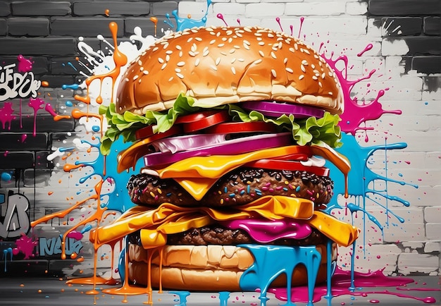 Hamburger graffiti on the wall bright colors