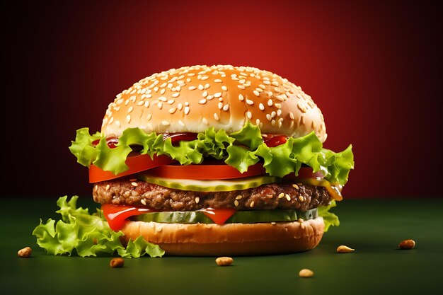 Hamburger on a green background 3D Rendering