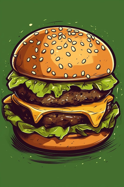 ファーストフードの緑の背景イラストのハンバーガー