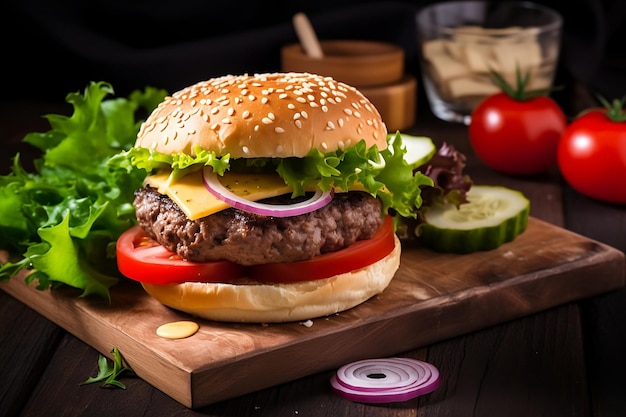 Hamburger A hamburger with cheese and tomato on a cutting board