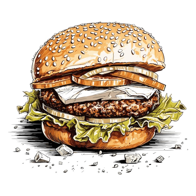 ハンバーガー手描きスケッチ レトロなスタイルのエッチングおいしいビンテージ エッチング ベクトル図