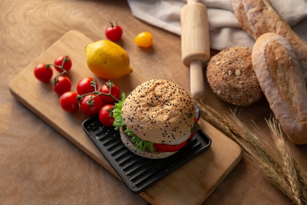 Hamburger homemade on wood table.