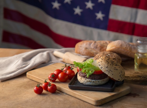 Hamburger homemade on wood table.