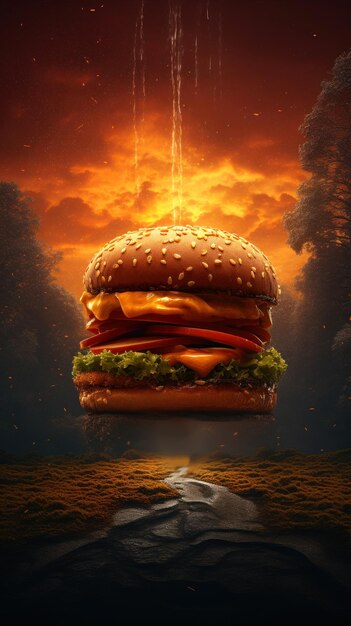 Hamburger in het donker met rookwolken 3D-illustratie