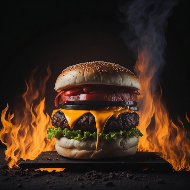 hamburger in vlammen Hete Hamburger in vuur smash burger met rook en vuur