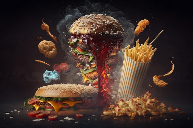 A hamburger is being eaten by a giant hamburger.