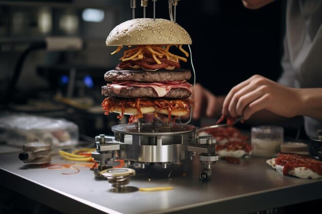 a hamburger is being stacked on a plate with a fork.