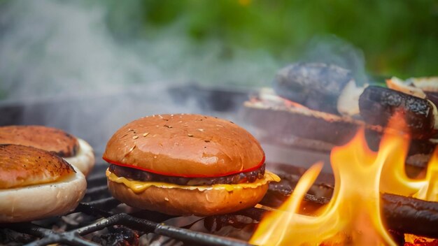 Photo a hamburger is cooking on a grill with flames