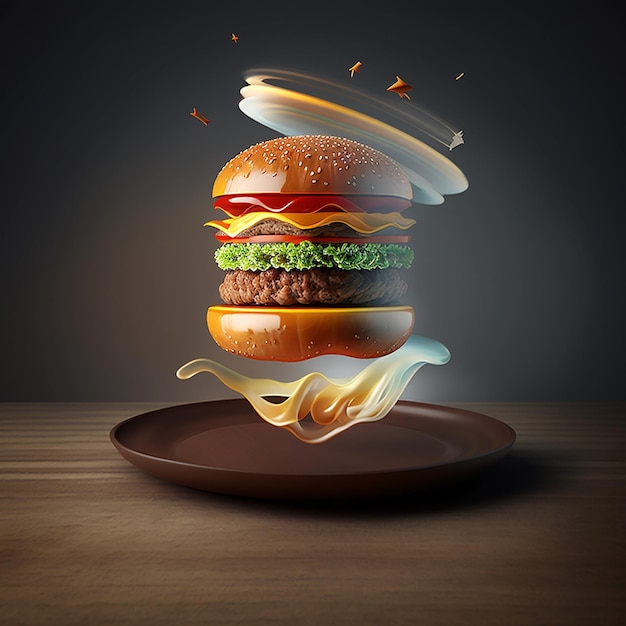 A hamburger is flying through the air with the words " burger " on the bottom.