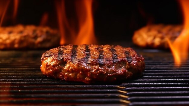 A hamburger is on a grill with flames in the background.