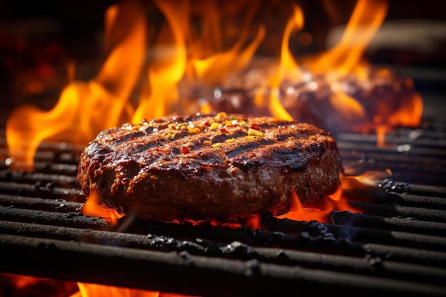 a hamburger is grilled on a fire.