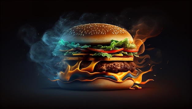 ハンバーガーが炎に照らされ、前面に「ファーストフード」の文字が書かれています。