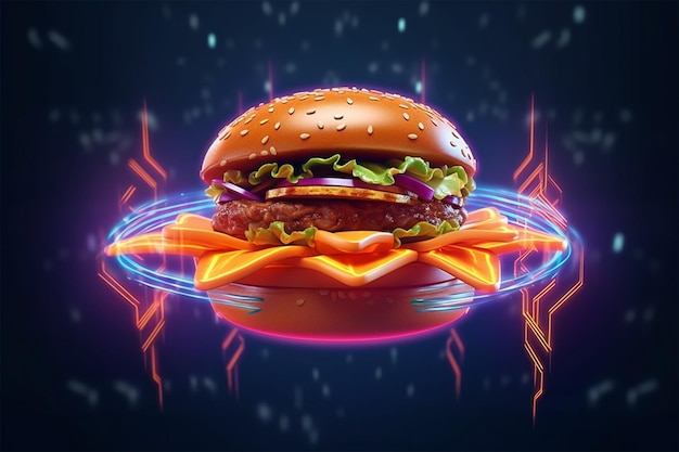 A hamburger is on a plate with a neon sign that says burger on it.