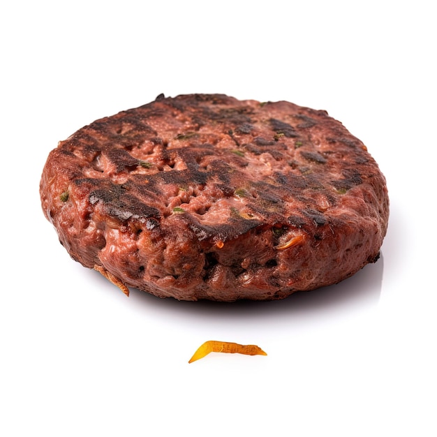 A hamburger is on a white background with a piece of meat on it.