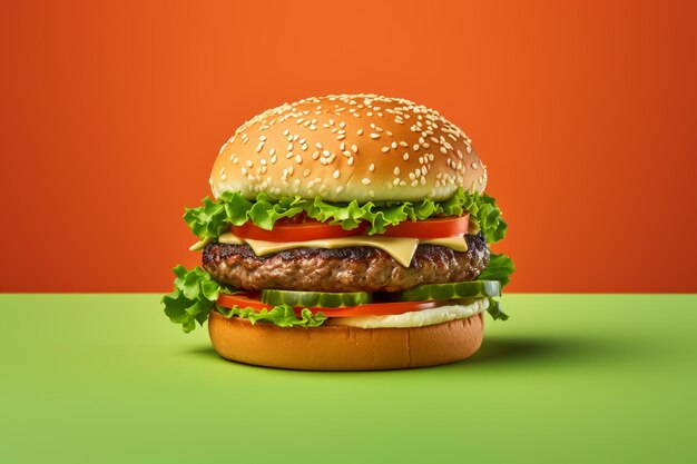 A hamburger isolated on green background