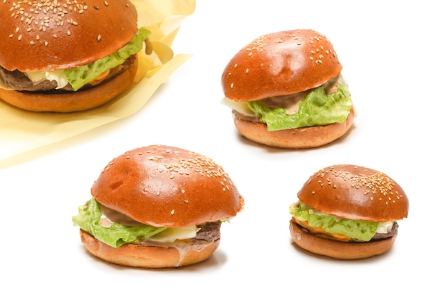 Hamburger isolated on a white background. Top view.