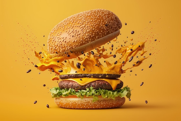 Hamburger isolated on yellow background hamburger falling and scattering AI