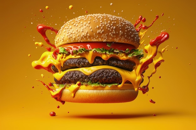 Hamburger isolated on yellow background hamburger falling and scattering AI