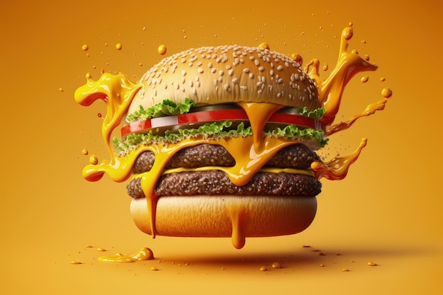 Hamburger isolated on yellow background hamburger falling and scattering ai