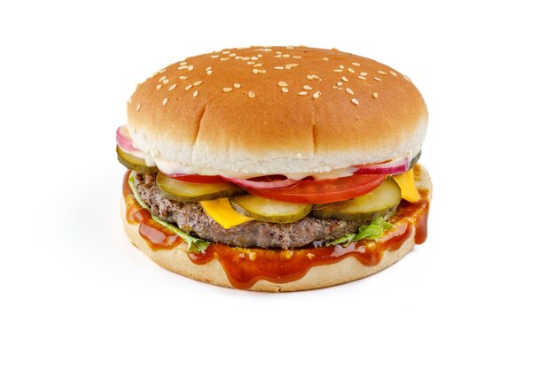 hamburger like in McDonald's with a beef cutlet on a green background studio shooting 1