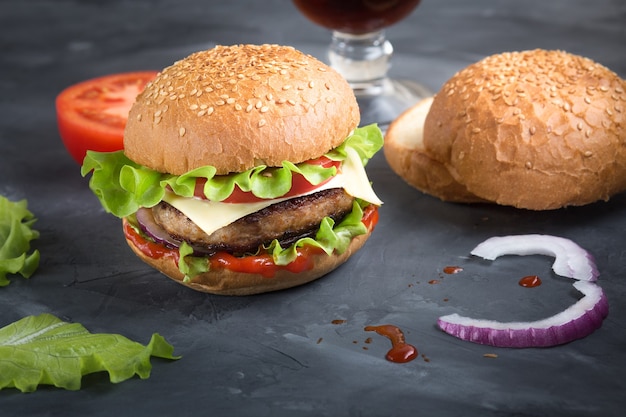 Hamburger made from fresh vegetables with a cutlet.