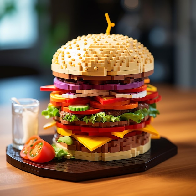 Hamburger made from Lego bricks on color background plastic concept photo junk food