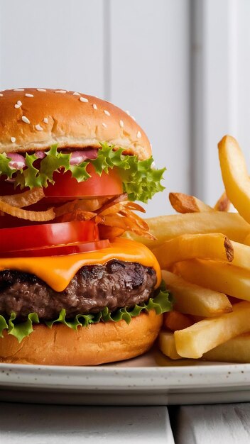 Hamburger met friet op tafel.