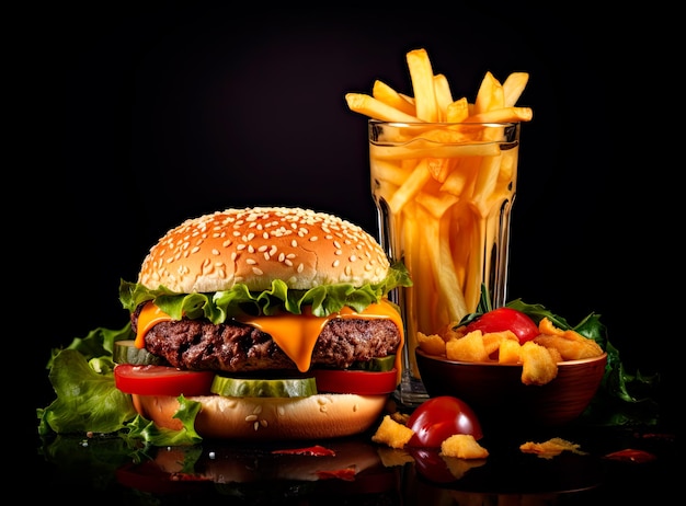 hamburger met frietjes en drankje in de stijl van fotorealistische landschappen