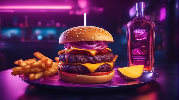 Hamburger met frietjes en fles alcohol op donkere achtergrond