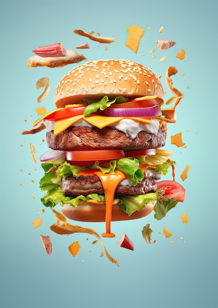 Hamburger met ingrediënten en stukjes voedsel die in de lucht zweven op geïsoleerde achtergrond Generatieve AI