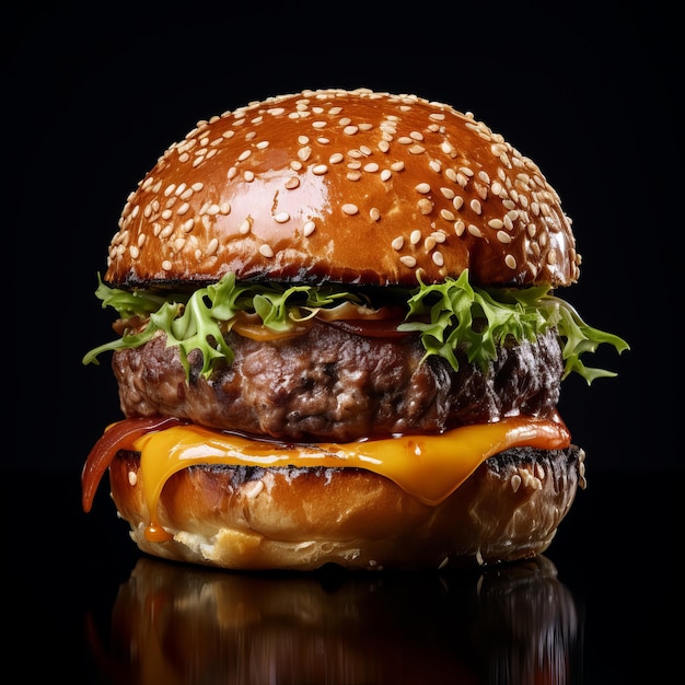 Foto hamburger met kaas en arugula op een zwarte achtergrond