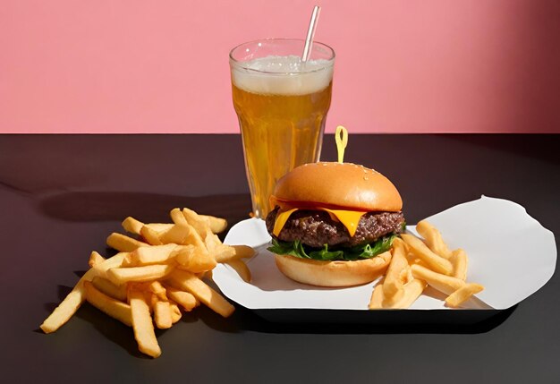 Hamburger met kaas met friet en een drankje.