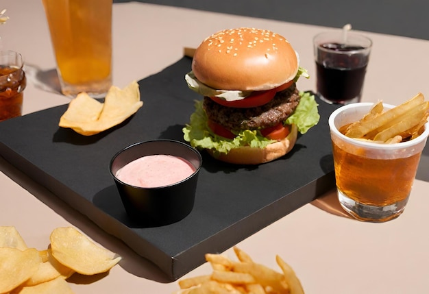 Hamburger met kaas met friet en een drankje.