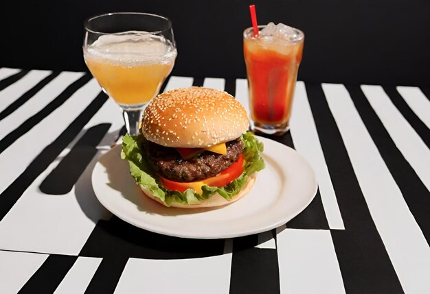 Hamburger met kaas met friet en een drankje.