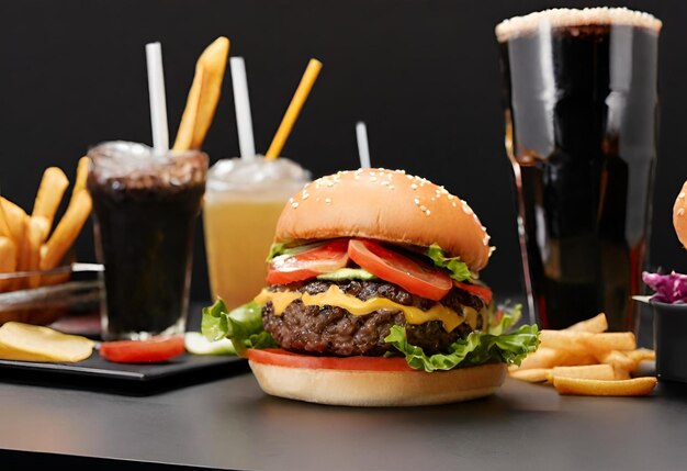 Hamburger met kaas met friet en een drankje.