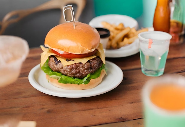 Foto hamburger met kaas met friet en een drankje.