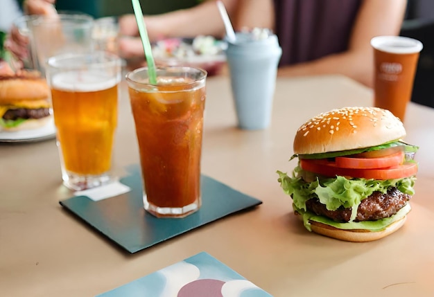 Hamburger met kaas met friet en een drankje.