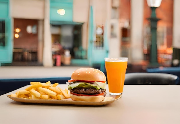 Hamburger met kaas met friet en een drankje.